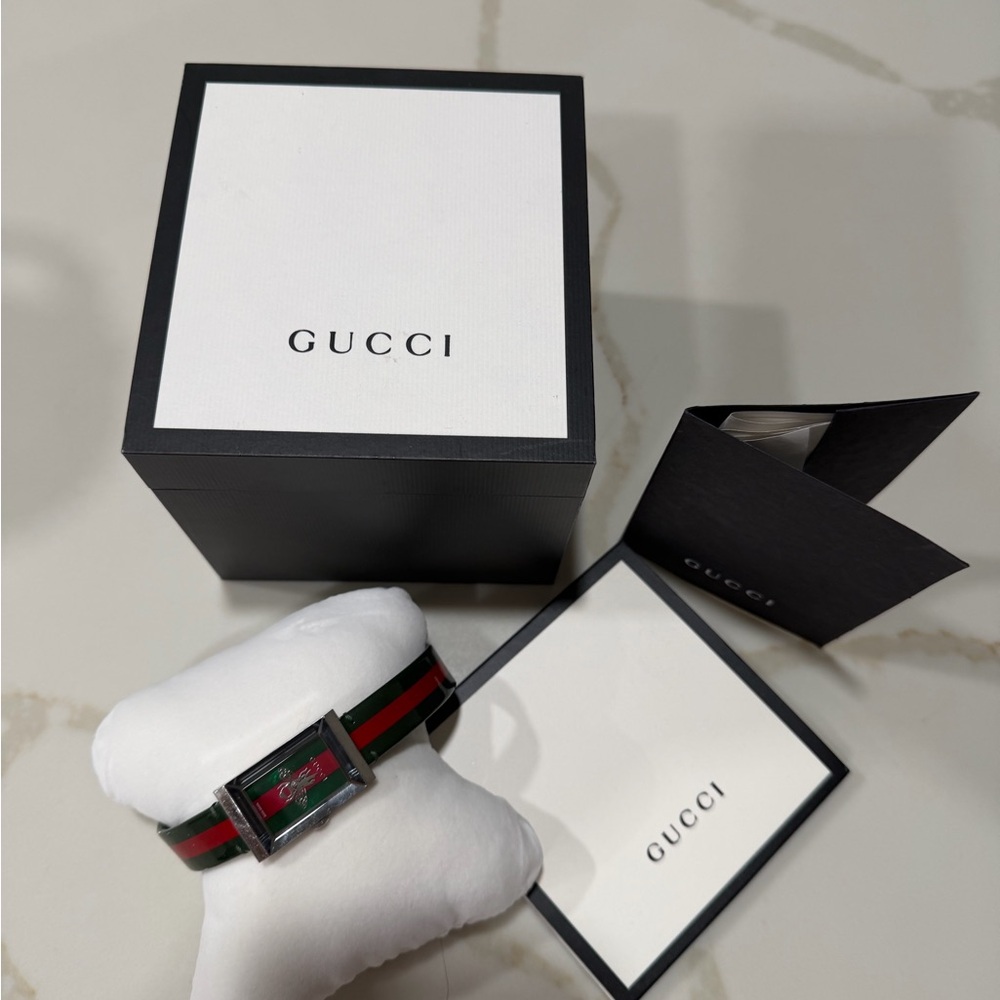 Gucci Rectangular Silver Watch With Green And Red… - image 4